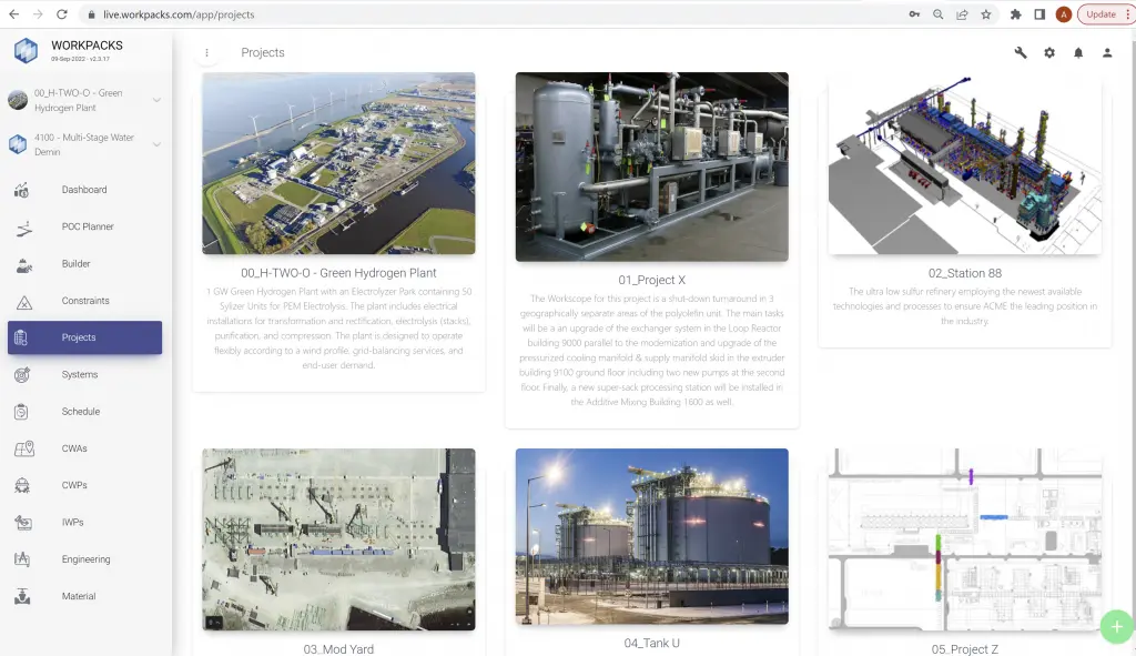 Projects interface on Workpacks platform